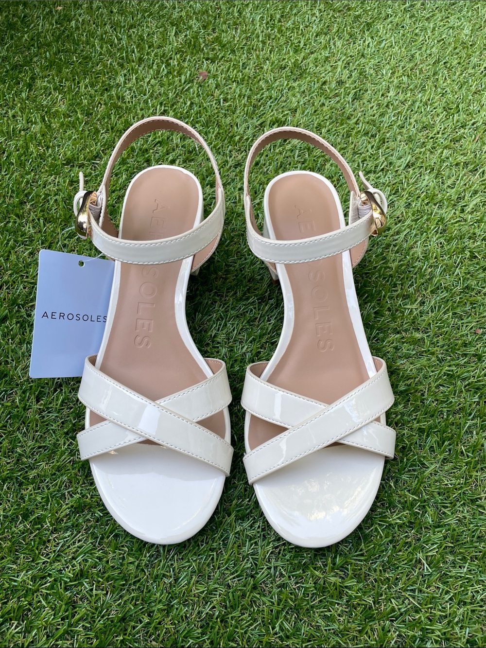 AEROSOLES Cinzia Cream Patent Crisscross Ankle-Strap Sandals